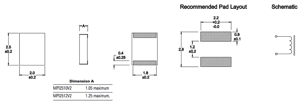 Mechanical Drawing - Eaton Electronics MPI25-V2 Miniature Power Inductors
